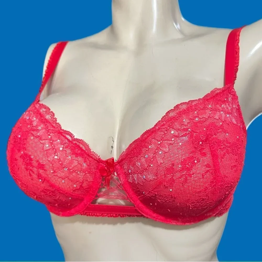 Victorias Secret Designer Collection Rhinestone Embellished Unlined Demi Bra Red